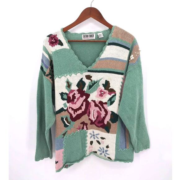 Vintage Extra Touch Green V-Neck Floral Patchwork Plus Size Grandma Sweater 20 - Picture 8 of 8